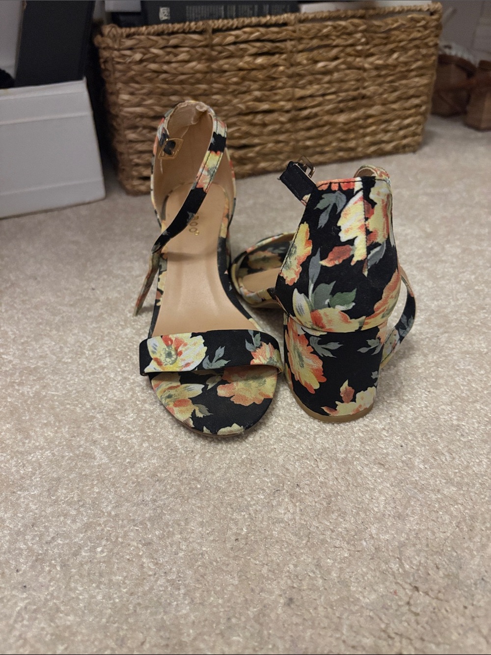 BAMBOO Black Floral Block Heel Sandals